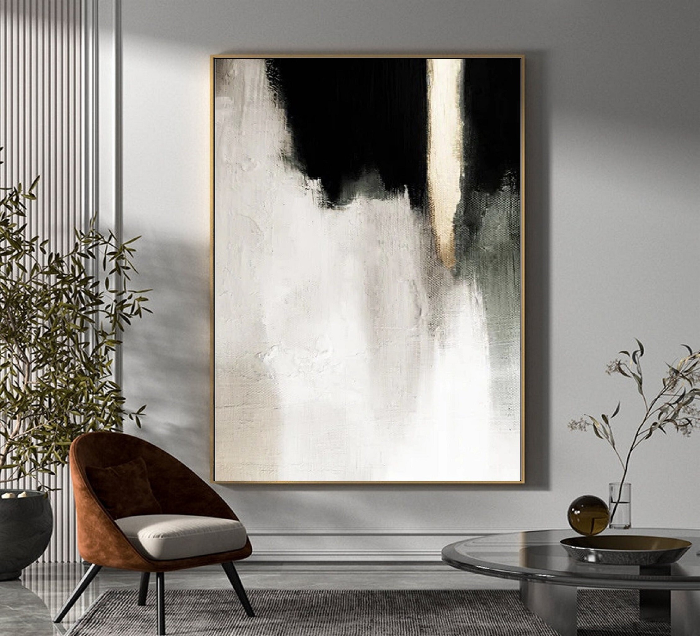 Large Black White Gary Abstract Painting on Canvas Wabi Sabi Wall Art ...