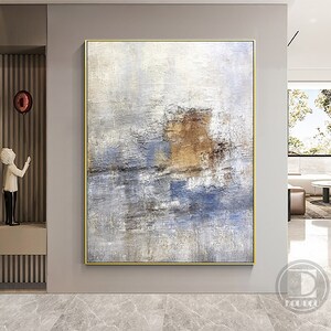 Large minimalist abstract painting,Blue white brown textured wall art,Neutral painting,Entrance wall art,Oil painting on canvas artwork