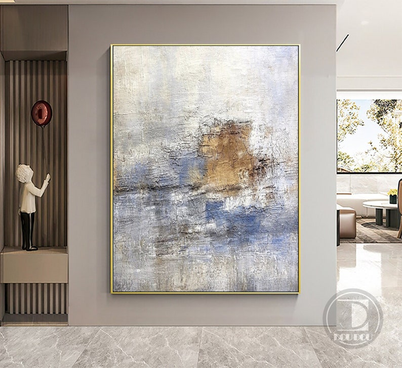 Large minimalist abstract painting,Blue white brown textured wall art,Neutral painting,Entrance wall art,Oil painting on canvas artwork