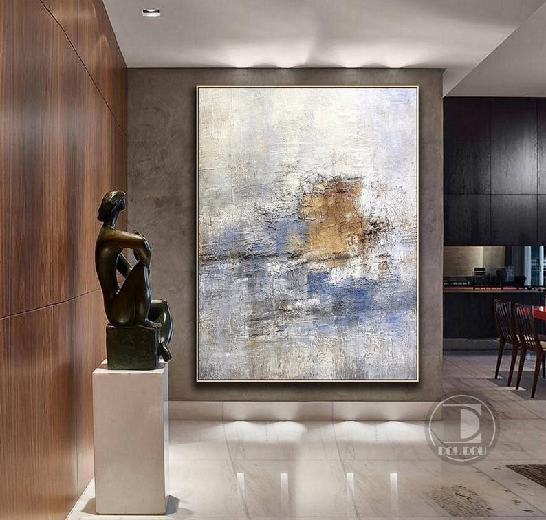 Large minimalist abstract painting,Blue white brown textured wall art,Neutral painting,Entrance wall art,Oil painting on canvas artwork