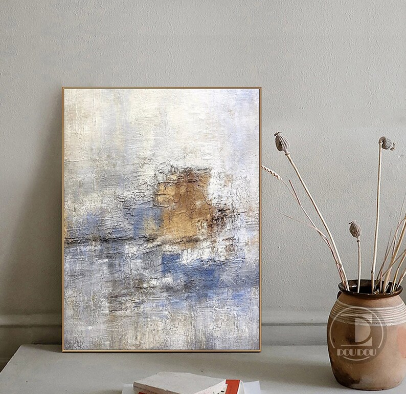 Large minimalist abstract painting,Blue white brown textured wall art,Neutral painting,Entrance wall art,Oil painting on canvas artwork