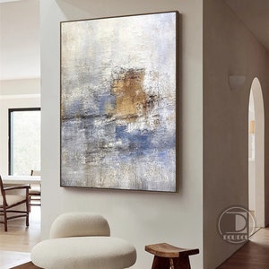 Large minimalist abstract painting,Blue white brown textured wall art,Neutral painting,Entrance wall art,Oil painting on canvas artwork