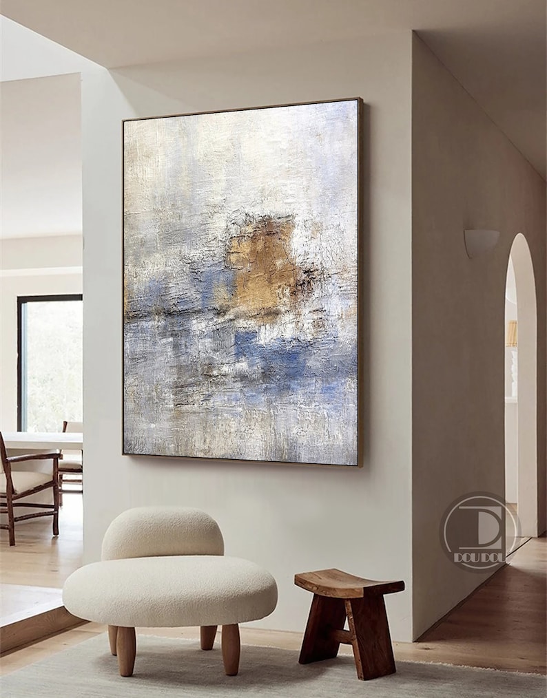 Large minimalist abstract painting,Blue white brown textured wall art,Neutral painting,Entrance wall art,Oil painting on canvas artwork