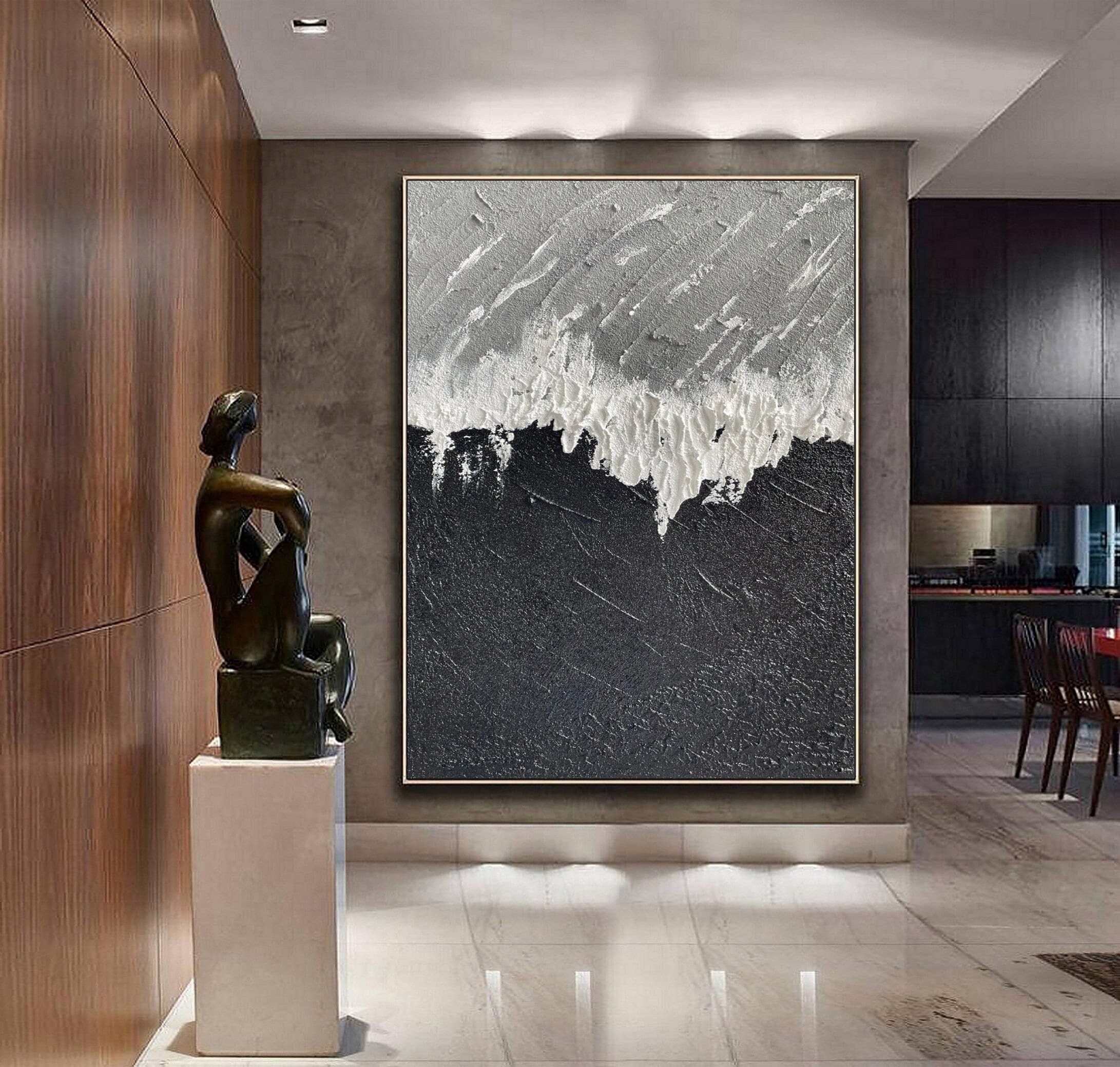 Black and White Abstract Painting 3D Textured Wall Art for Black White ...