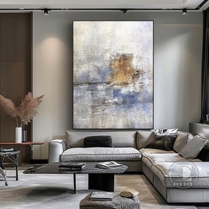 Large minimalist abstract painting,Blue white brown textured wall art,Neutral painting,Entrance wall art,Oil painting on canvas artwork