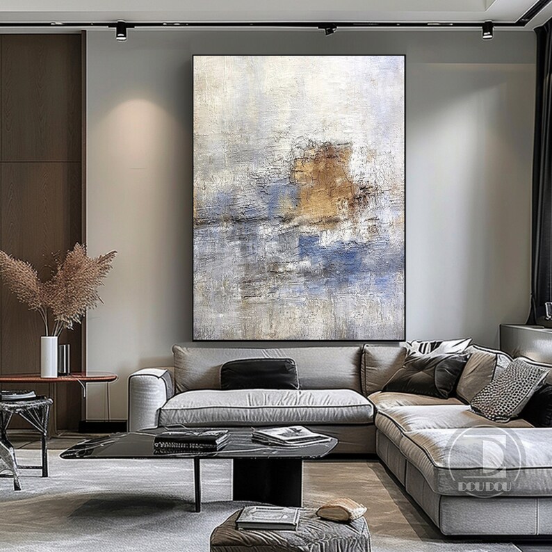 Large minimalist abstract painting,Blue white brown textured wall art,Neutral painting,Entrance wall art,Oil painting on canvas artwork