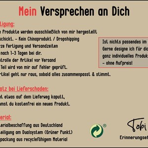 Może przedstawiać: Grafika z tekstem "Mein Versprechen an Dich" w pogrubionej, czarnej czcionce. Grafika zawiera listę obietnic sprzedawcy dla klient&oacute;w, w tym: "Wszystkie produkty są produkowane wyłącznie przeze mnie", "Kr&oacute;tkie czasy produkcji i wysyłki", "Kontrola artykuł&oacute;w przed wysyłką", "Wymiana w przypadku uszkodzenia", "Pozyskiwanie materiał&oacute;w z Niemiec", "Udział w systemie dualnym (Zielony Punkt)" oraz "Opakowanie wykonane z materiał&oacute;w nadających się do recyklingu". Grafika zawiera r&oacute;wnież zielony symbol recyklingu i tekst "obi Erinnerungseffekt".