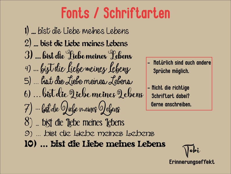 Może przedstawiać: Beżowe tło z czarnym tekstem, kt&oacute;ry brzmi "Fonts / Schriftarten" i zawiera 10 r&oacute;żnych styl&oacute;w czcionek dla frazy "... bist die Liebe meines Lebens". Tekst zawiera r&oacute;wnież "Nat&uuml;rlich sind auch andere Spr&uuml;che m&ouml;glich." i "Nicht die richtige Schriftart dabei? Gerne anschreiben."