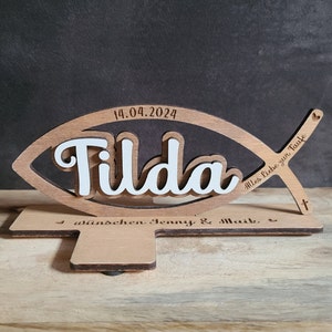 Geschenk zur Taufe | Kommunion | Firmung | Konfirmation | Fisch | Kreuz | Holzgeschenk personalisierbar | Geldhalter | Hochwertig | 3D