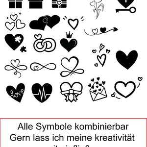 Może przedstawiać: Czarno-białe ilustracje r&oacute;żnych symboli w kształcie serca, w tym serca z kluczami, koronami, pierścieniami i znakami nieskończoności. Tekst "Symbole (Beispiele)" i "Alle Symbole kombinierbar Gern lass ich meine kreativit&auml;t mit einflie&szlig;en Andere Symbole gew&uuml;nscht? Geht auch =)" jest r&oacute;wnież zawarty.
