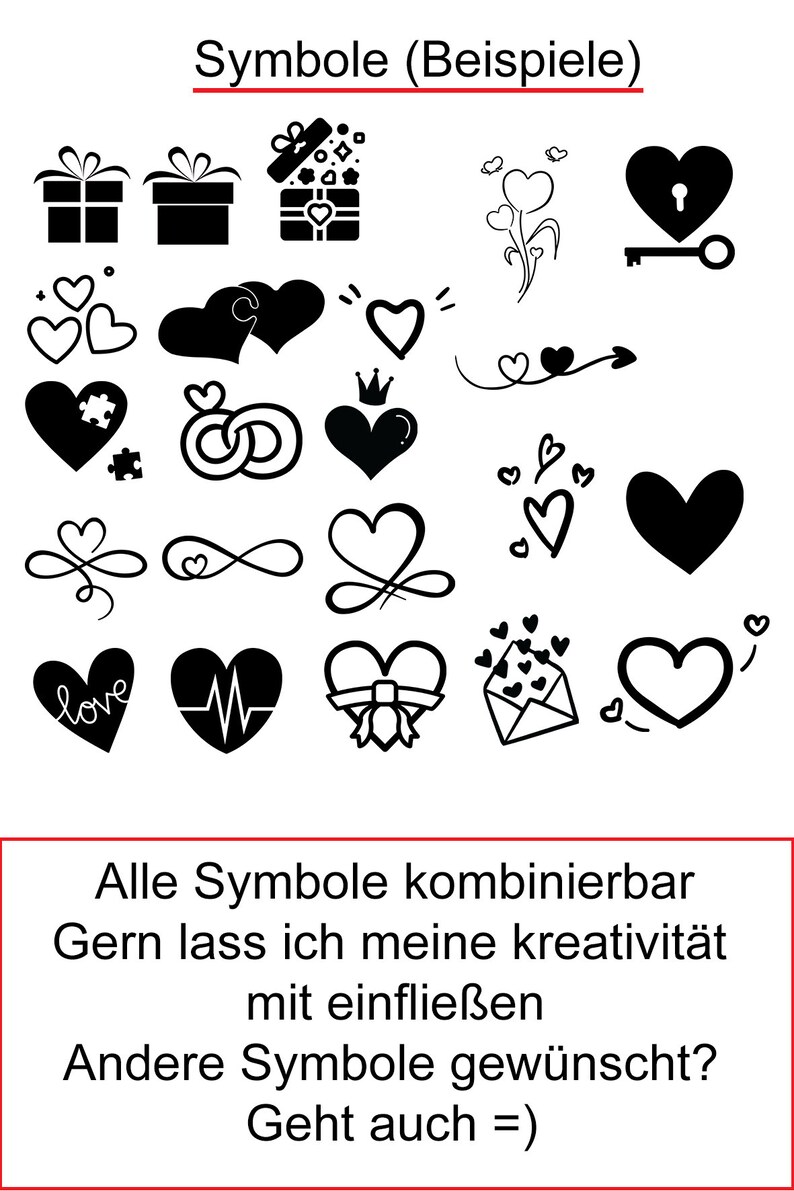 Może przedstawiać: Czarno-białe ilustracje r&oacute;żnych symboli w kształcie serca, w tym serca z kluczami, koronami, pierścieniami i znakami nieskończoności. Tekst "Symbole (Beispiele)" i "Alle Symbole kombinierbar Gern lass ich meine kreativit&auml;t mit einflie&szlig;en Andere Symbole gew&uuml;nscht? Geht auch =)" jest r&oacute;wnież zawarty.