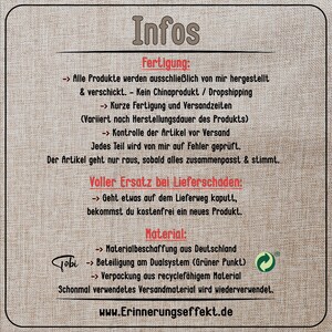 May include: A beige informational graphic with the word "Infos" at the top. The text details product manufacturing, shipping, and material sourcing, including the website www.Erinnerungseffekt.de.