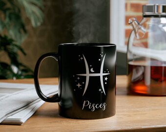 Pisces Coffee Mug 11oz/0,3l Black White Print Horoscope Signs of Zodiac Cup