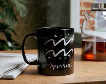 Aquarius Horoscope Coffee Mug 11oz Black White Print Astrology Sign of Zodiac Cup