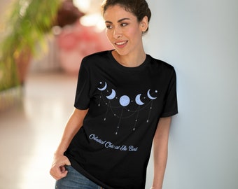 Celestial Chic at Its Best Black T-shirt with Light Blue Moon Phase Print, Lunar Tee