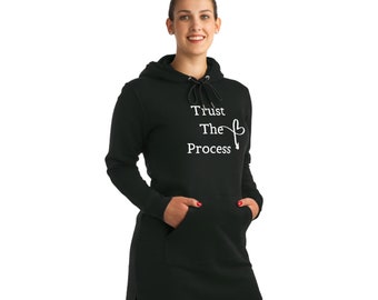 Trust The Process Heart Black Ecofriendly Organic Hoodie Dress, for artist, therapist,  white front print, statement hoodie, creative person