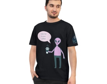 Alien Coffee Addict Unisex Funny T-shirt, Black Tee, Black Top, Printed T-Shirt, Space lover, UFO shirt, UAP, Aliens are real, Coffee cat