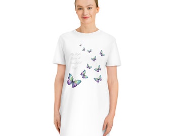 Butterfly T-Shirt Dress With Text, White Nightgown, Colorful Butterfly Women's Nightie