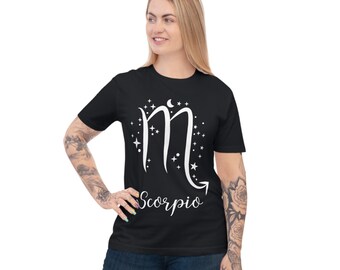 Sign of Zodiac Scorpio Unisex Classic T-shirt, Gift for October November born, Horoscope, Black and White Tee, Black Top, Printed T-Shirt
