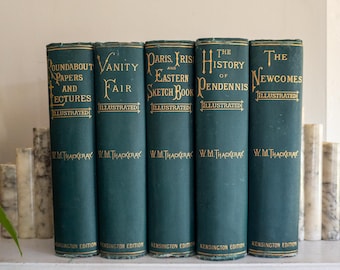 Antique William Makepeace Thackeray books - 1882 green and gold books