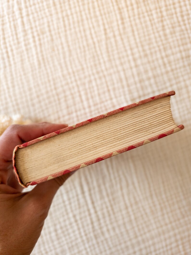 May include: A vintage book with aged, cream-colored pages. The book's edges are adorned with a red and white patterned design. The book is held in a hand, showcasing the side profile of the book.
