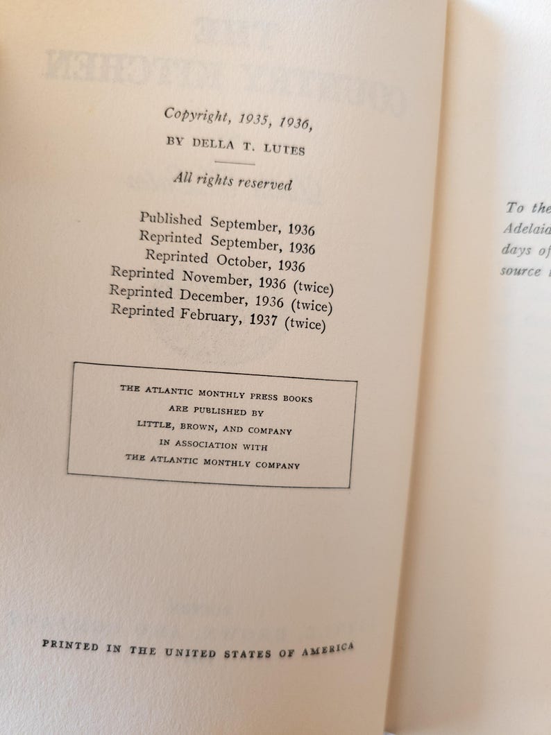 May include: Open book page with text. Copyright information for Della T. Lutes, 1935 and 1936, is visible. Publication and reprint dates from 1936 and 1937 are listed. The Atlantic Monthly Press Books are published by Little, Brown, and Company.