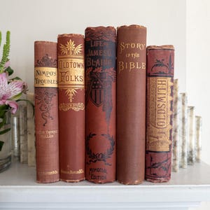 May include: Five antique hardcover books with brown and red cloth spines standing upright. Titles include Nimpo's Troubles, Oldtown Folks, Life of James G. Blaine, Story of the Bible, and Goldsmith. The spines feature gold and black embossed lettering.