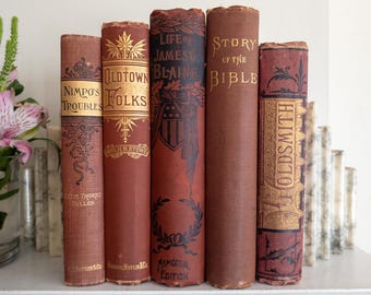 Red and gold antique books - Set of 5