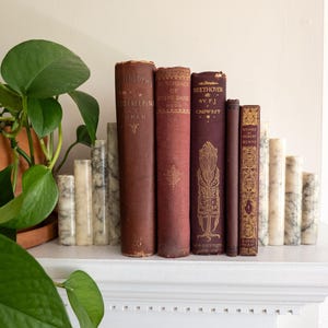 May include: A row of five antique hardcover books with brown and maroon spines, flanked by two sets of cylindrical white marble bookends with grey veining. The book titles include Philosophy of Housekeeping, Hunchback of Notre Dame, and Beethoven.