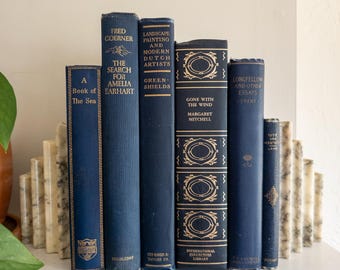 Blue and Gold antique and vintage book stack - set of 6