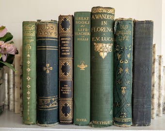 Green and gold antique books (Set of 7) | Vintage Home Decor