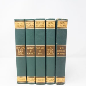 Five volumes of Lowell Thomas books | 1930s | Vintage green and gold books | Ornate books | collectible author set