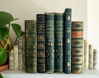 Libros antiguos verdes y dorados (juego de 6) / Decoración vintage para el hogar
