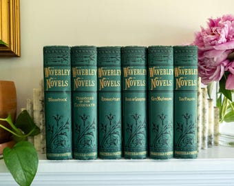 Libros antiguos de Sir Walter Scott / libros verdes y dorados / novelas de Waverly