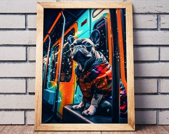 Graffiti French Bulldog in Teal Metro Carriage - Digital Art Print - Instant Download - Dog Lover Decor - Scritches & Co.