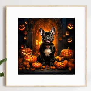 May include: A black French bulldog sits in front of a fireplace with glowing jack-o'-lantern pumpkins. The dog is smiling and has its tongue sticking out.