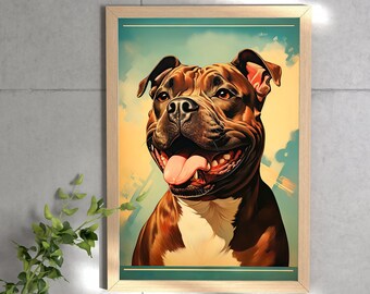 May include: A vintage-style illustration of a brown and white pit bull terrier with a happy expression. The dog has its tongue sticking out and is looking directly at the viewer. The background is a faded blue and green.