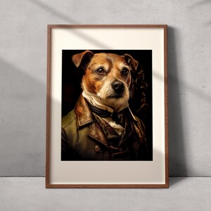 May include: A framed portrait of a dog wearing a green jacket, brown vest, and white collar. The dog has brown fur and is looking to the left. The background is dark.