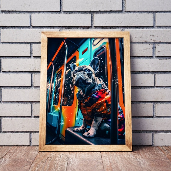 Graffiti French Bulldog In Teal Metro Carriage Digital Art Print.