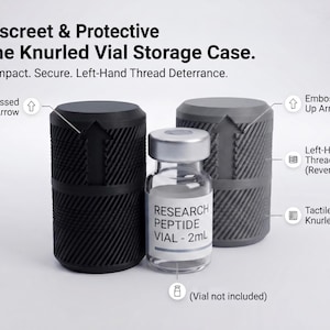 May include: Two cylindrical vial storage cases, one black and one grey, featuring a tactile knurled grip, an embossed up arrow, and left-hand threads. A clear glass 2ml research peptide vial with a silver cap sits between them. Dimensions are 42mm by 28mm.