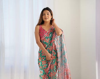 Pink Multi-Tone Chinon Saree: Designer Print with Mirror Embellishments