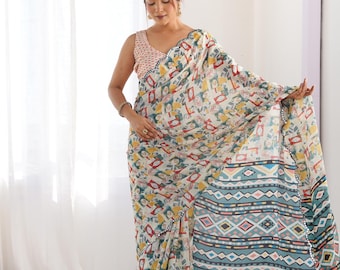 Floral Saree: White Chinon Fabric with Mirror Cutwork