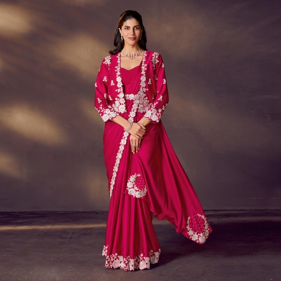 Stunning Fuchsia Pink Satin Silk Saree with Mirror Stone Handwork Applique  Floral Jacket Japanese Satin Designer Cocktail Dress Saree