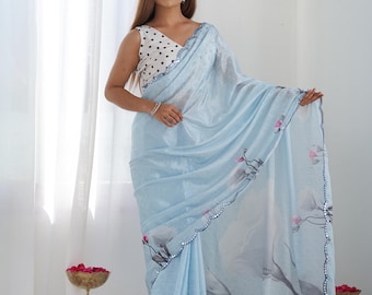 Aqua Floral Saree: Chinon Silk with Mirror Embellishments