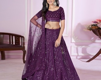 Conjunto de lehenga de georgette morado / Blusa con lentejuelas y escote corazón, vestido de novia acampanado estilo cancán