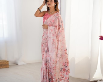 Floral Digital Print Chinon Silk Saree: Bollywood Party Wear