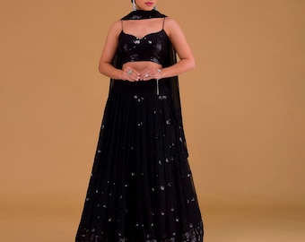 Conjunto de lehenga de georgette negra hecho a mano: Zari y bordado de lentejuelas, conjunto de boda bohemio