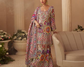 Sofisticado traje Anarkali Kurta Palazzo de seda crepé gris - Traje punjabi Salwar Kameez bordado - Traje de invitada de boda