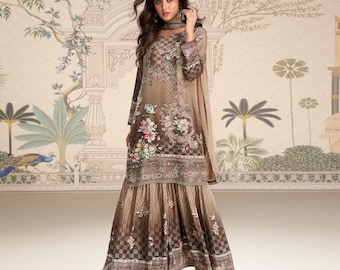 brown sharara dress Embroidered Suit Set | Indian Pakistani African | Mirror Work Formal Wear With Palazzo Pants Last-Minute New Year's Outfit LimitedRelease which provides an added Color:OFF WHITE