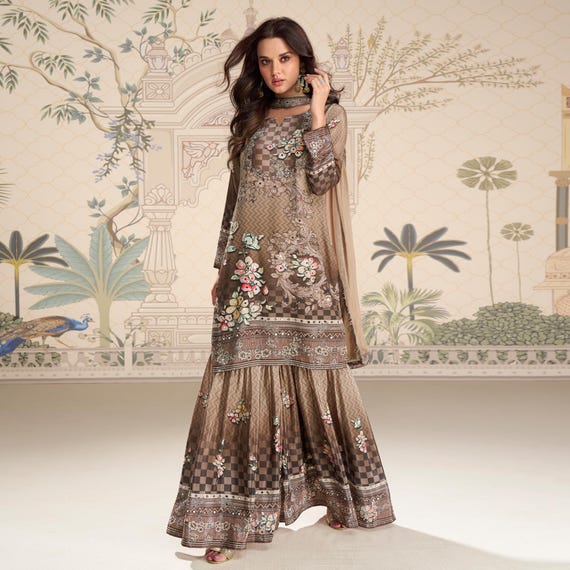 Chocolate Brown Embroidered Sharara Suit | Premium Crepe Silk Indian Pakistani Dress